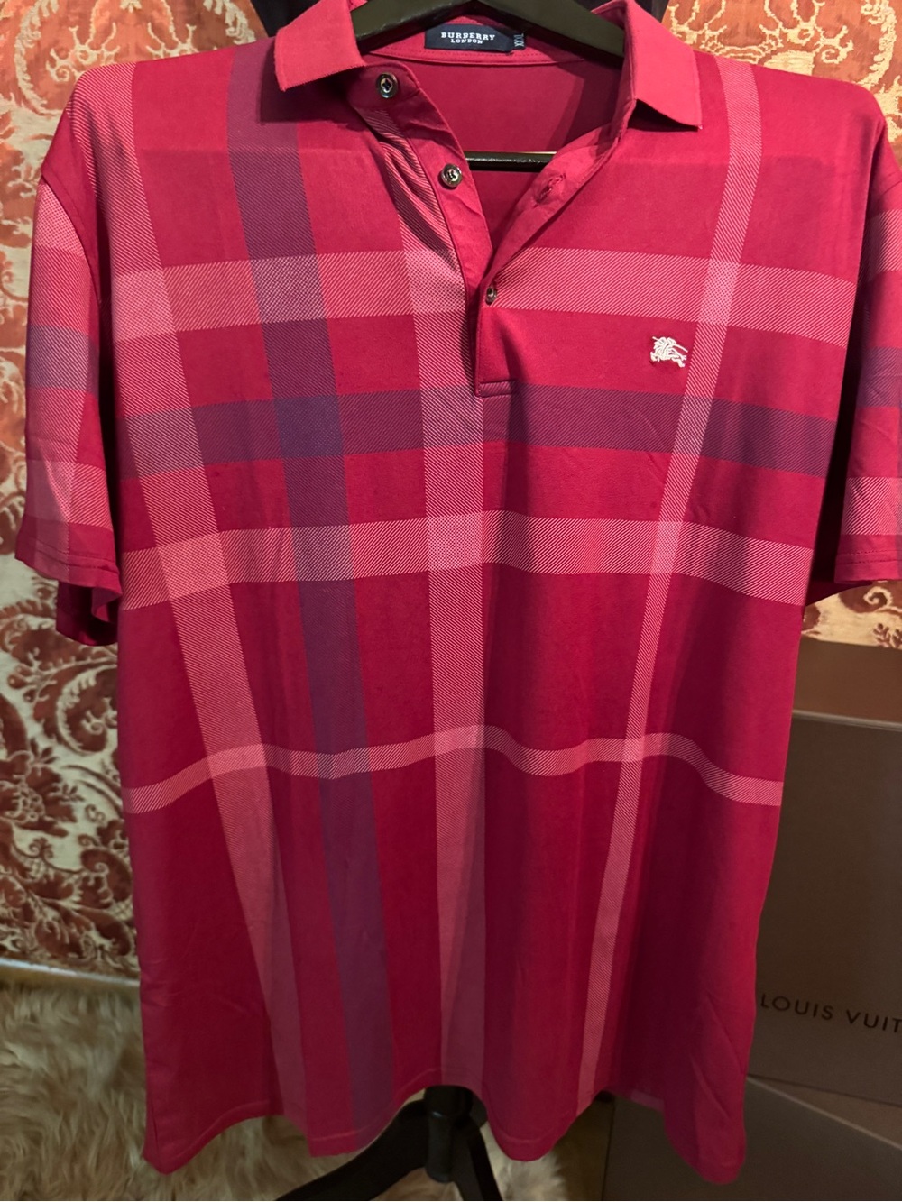 Burberry Men’s Pink and Red Plaid Polo Shirt